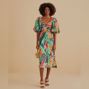 FARM Rio NWT Multicolor Banana Foliage Puff Sleeve Midi Dress // XS